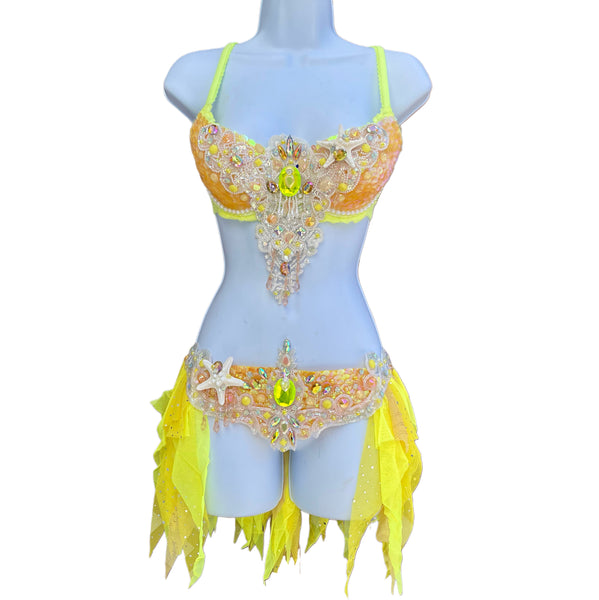 Yellow Peach Sequin Scale Mermaid Bra and Skirt