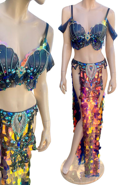 Black Iridescent Blue Rainbow Sequins Mermaid Siren Belly Dancer 2 Piece