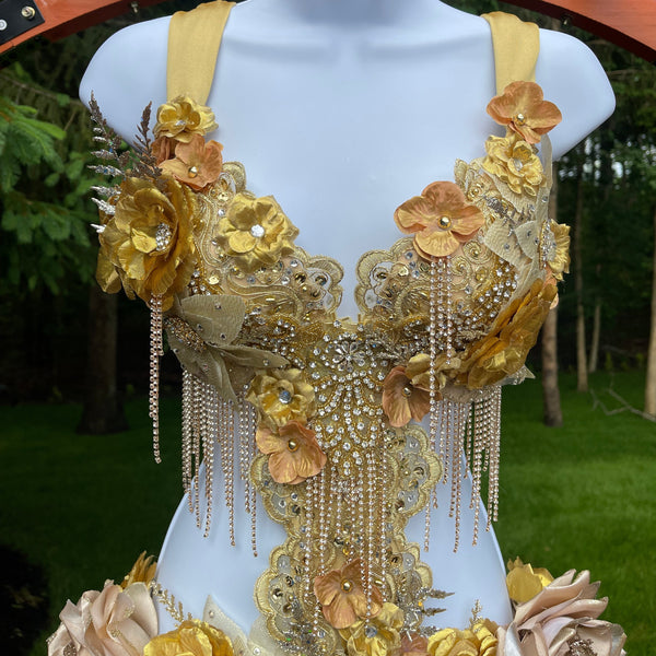 Dripping in Gold Golden Diamond Spring Fairy Goddess with Center Strap Monokini Dress Costume