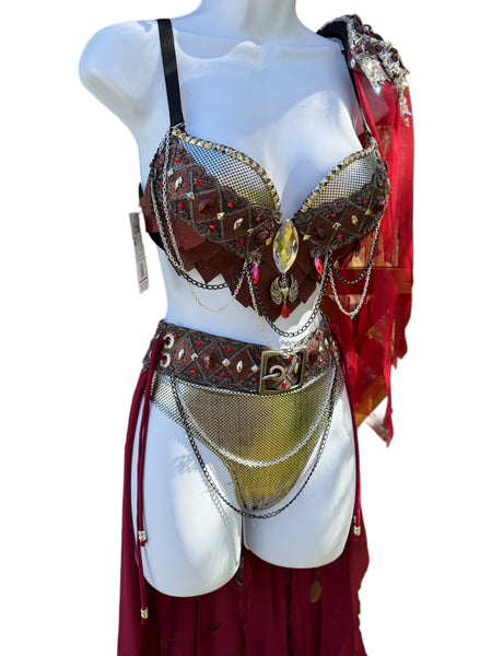 Burgundy and Silver War Torn Dragon Slayer Warrior Cosplay Bra and Bottom Costume