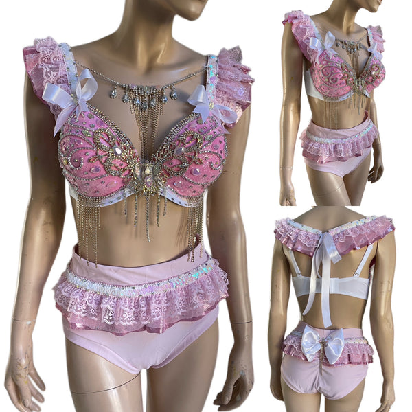 Sweet Pastel Pink Glitter Diamond Bra with Scrunchie Bottom Costume