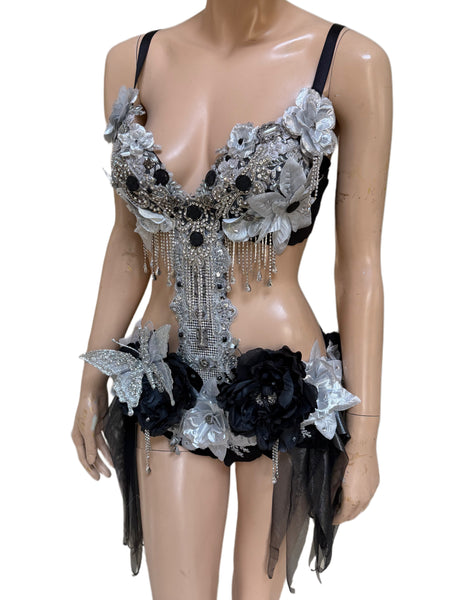 Ready to Ship - 34C Medium - Dripping in Silver and Black Diamond Spring Fairy Goddess with Center Strap Monokini Dress Costume