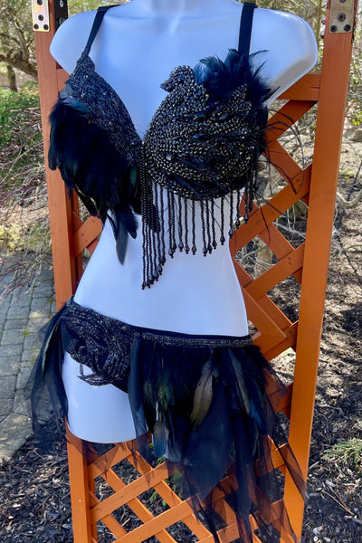Black Feather Rhinestone Prima Ballerina Rave Bra and Skirt Bottom