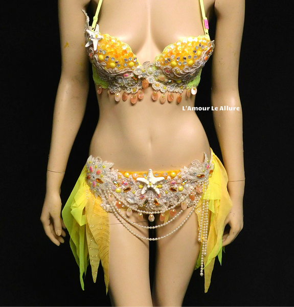 Yellow and Orange Pearl Sequin Scale Mermaid Bra and Skirt