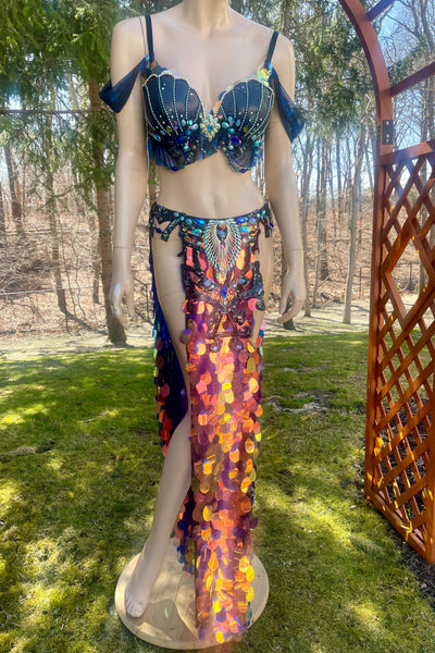 Black Iridescent Blue Rainbow Sequins Mermaid Siren Belly Dancer 2 Piece