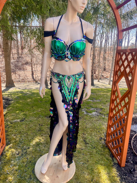 Green and Blue Sequins Mermaid Siren Belly Dancer 2 Piece