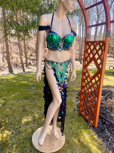 Green and Blue Sequins Mermaid Siren Belly Dancer 2 Piece