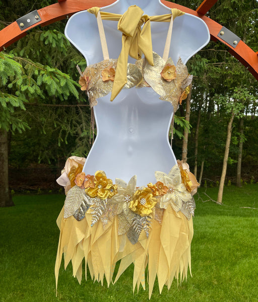 Dripping in Gold Golden Diamond Spring Fairy Goddess with Center Strap Monokini Dress Costume