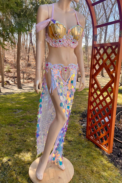 Ready to ship 34D/32DD Medium - Pink and Gold Sequins Mermaid Siren Belly Dancer 2 Piece