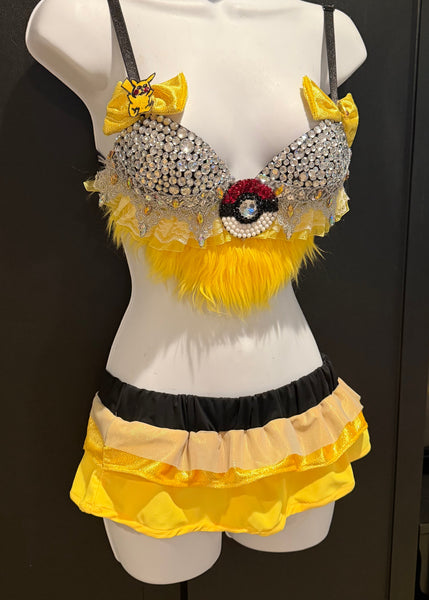 Yellow Electric Mouse Inspired Fur Bra and Micro Skirt Bottom