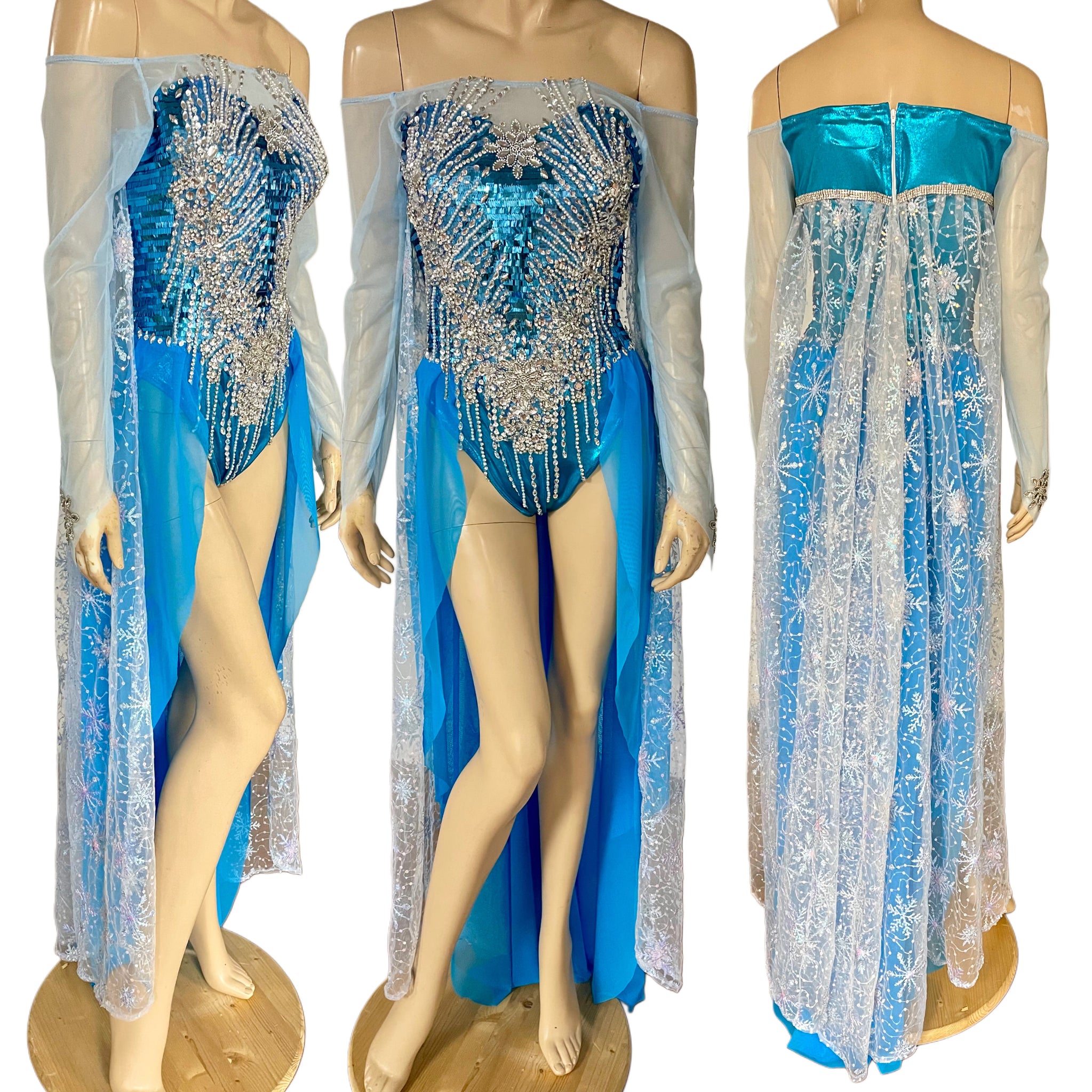 Elsa Bodysuit Dresses with Train and Attached Cape