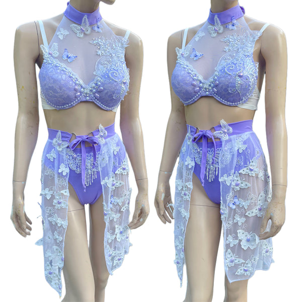 Ready To Ship - 34C Small - Lavender Pearls Butterfly Fairy Dance Rave Bra and Skirt Halloween Costume