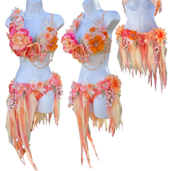 Peach Fairy Butterfly Goddess Dance Ensemble Costume with Rhinestones and Beaded Accents