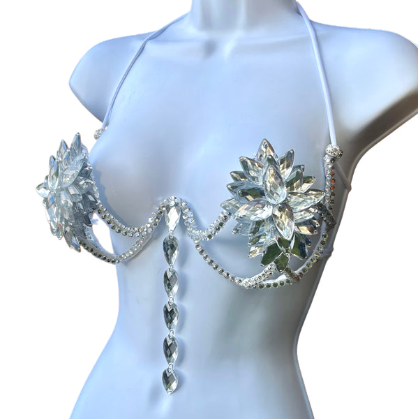 Silber Rihanna Diamond Samba Cage Rave BH Burlesque Show Girl Top