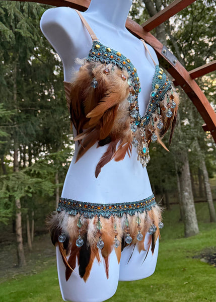 Ready to Ship - 34D 32”+ Skirt - Native Earth Spirit Princess Fringe Feather Plunge Bra Costume