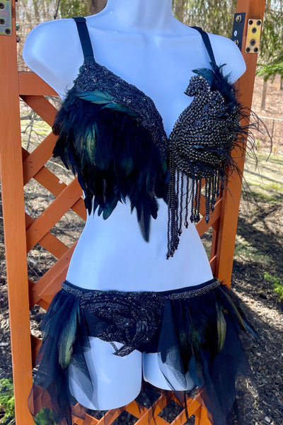 Black Feather Rhinestone Prima Ballerina Rave Bra and Skirt Bottom