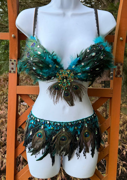Peacock Feather Costume Rave Bra and Skirt Bottom