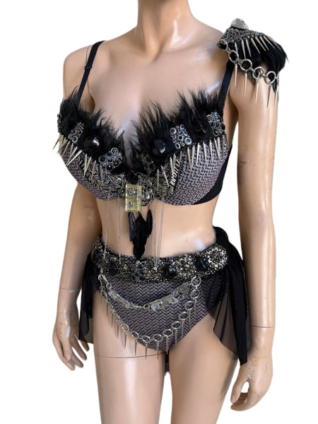 Ready to ship - 34C/36B Medium High Rise Bottom - Black and Silver Studded Viking Warrior Gladiator Costume