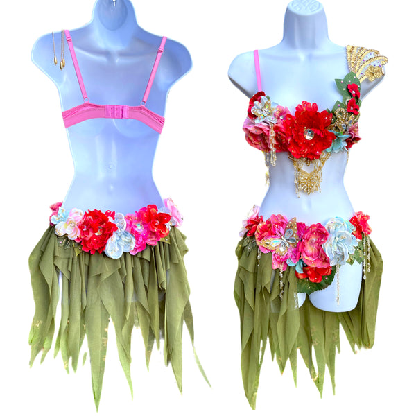 Golden Spring Forest Fairy Goddess with Green Skirt Two Piece Cosplay Costume