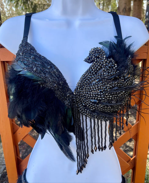 Black Feather Rhinestone Prima Ballerina Rave Bra and Skirt Bottom
