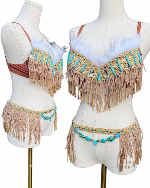 Native Turquoise Brown Fringe Bra and Skirt
