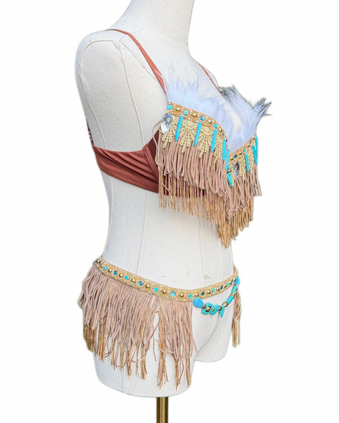 Native Turquoise Brown Fringe Bra and Skirt