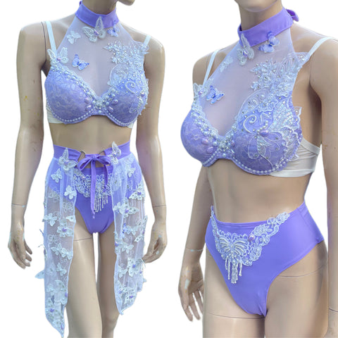 Ready To Ship - 34C Small - Lavender Pearls Butterfly Fairy Dance Rave Bra and Skirt Halloween Costume