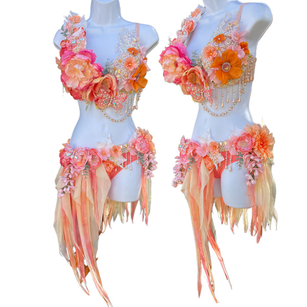 Peach Fairy Butterfly Goddess Dance Ensemble Costume with Rhinestones and Beaded Accents