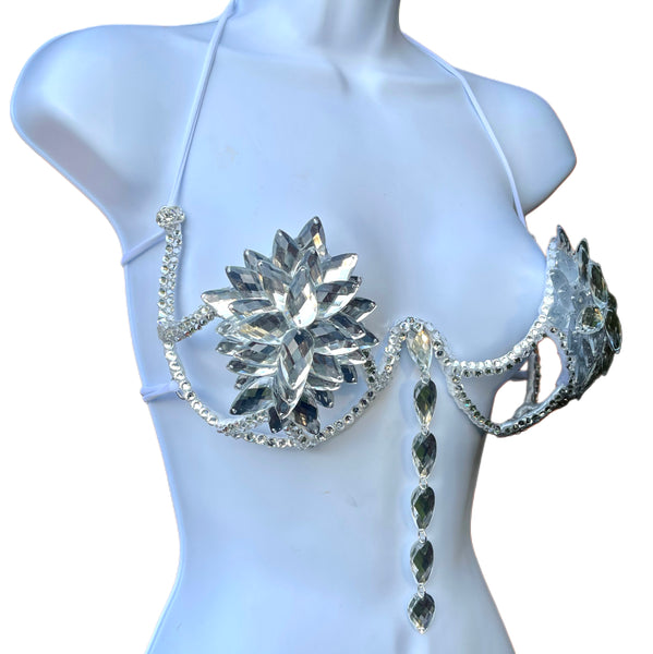 Silber Rihanna Diamond Samba Cage Rave BH Burlesque Show Girl Top