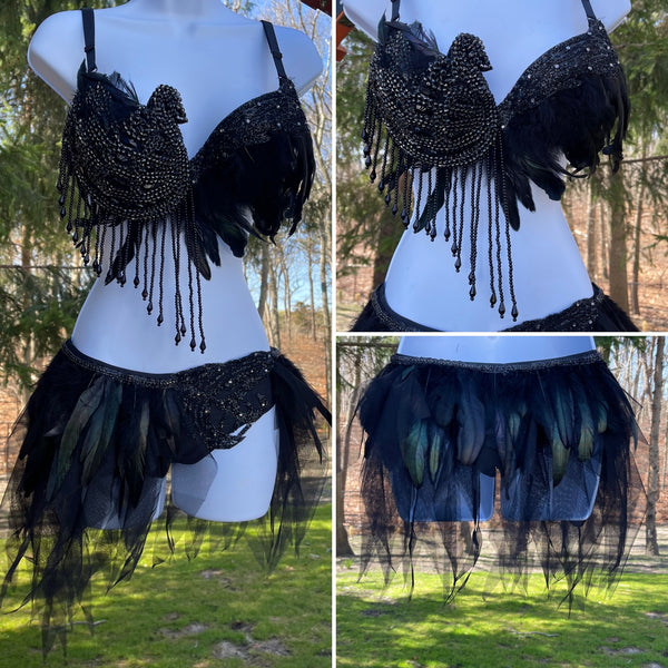 Black Feather Rhinestone Prima Ballerina Rave Bra and Skirt Bottom