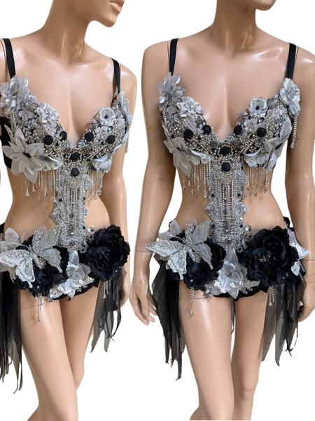 Ready to Ship - 34C Medium - Dripping in Silver and Black Diamond Spring Fairy Goddess with Center Strap Monokini Dress Costume
