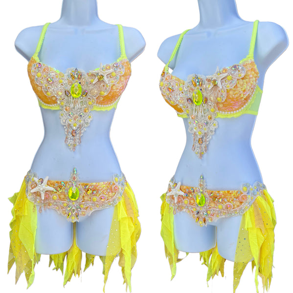 Yellow Peach Sequin Scale Mermaid Bra and Skirt