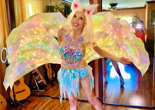 Blue Holographic Pastel Rainbow Flower Fairy Bra and Bottom Costume Halloween