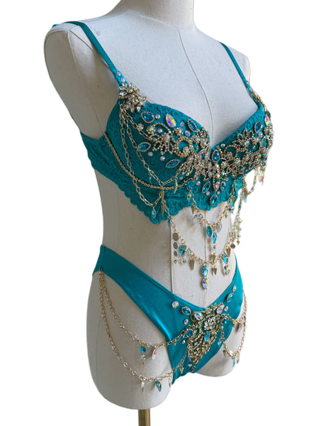 Ready to Ship - 34B Medium -  Princess Jasmine Inspired Gold Chain Scrunchie Bottom Burlesque Show Girl