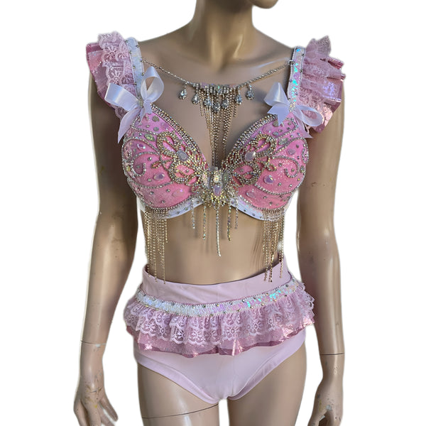 Sweet Pastel Pink Glitter Diamond Bra with Scrunchie Bottom Costume