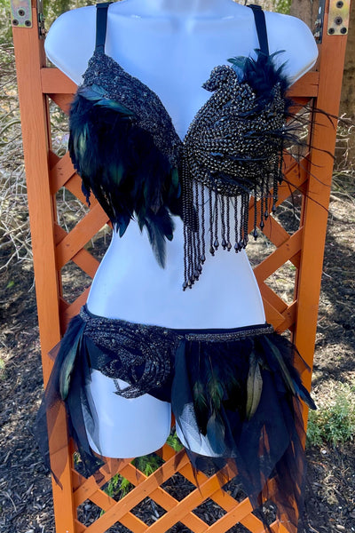 Black Feather Rhinestone Prima Ballerina Rave Bra and Skirt Bottom