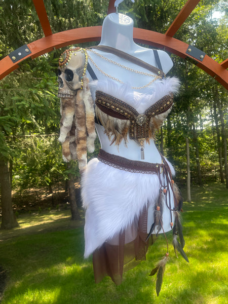 Winter White and Brown Skull Viking Warrior Gladiator Costume