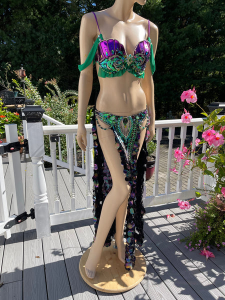 Ready to Ship Size Medium - Purple and Green Sequins Mermaid Siren Belly Dancer 2 Piece