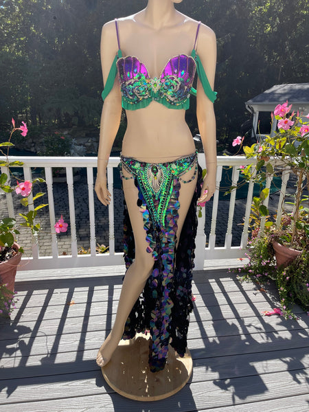 Ready to Ship Size Medium - Purple and Green Sequins Mermaid Siren Belly Dancer 2 Piece