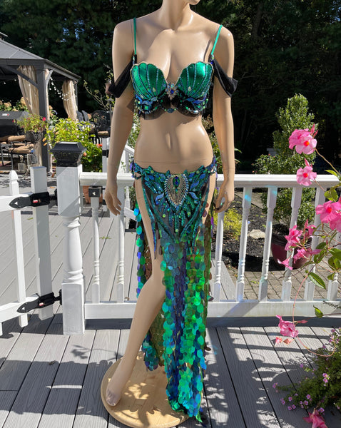 Ready to Ship Size Medium - Green and Blue Sequins Mermaid Siren Belly Dancer 2 Piece