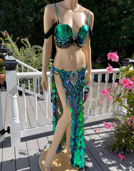 Ready to Ship Size Medium - Green and Blue Sequins Mermaid Siren Belly Dancer 2 Piece