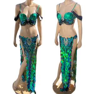 Green and Blue Sequins Mermaid Siren Belly Dancer 2 Piece