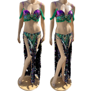 Ready to Ship Size Medium - Purple and Green Sequins Mermaid Siren Belly Dancer 2 Piece