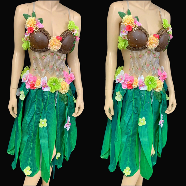 Tropical Hula Girl Coconut Flower Bra and Leaf skirt