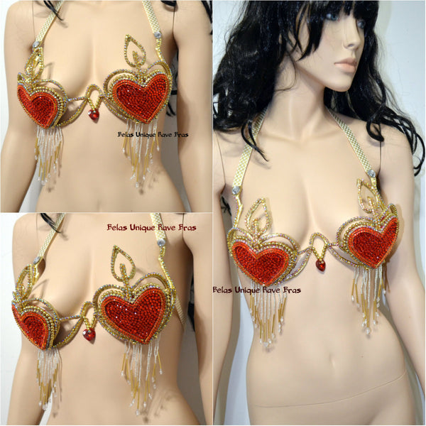 Pink and Gold Heart Samba Dance Carnival Top with Feather Bustle Skirt
