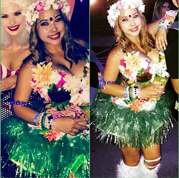 Tropical Hula Girl Coconut Flower Bra and Green Grass Skirt