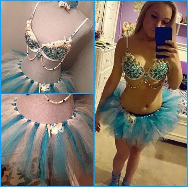 Turquoise Rhinestone Mermaid Dance Costume Rave Bra Halloween