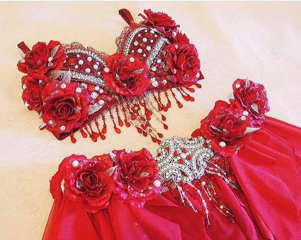 Red Rose Glitter Fairy Rave Bra and Skirt Shorts Halloween Dance Costume