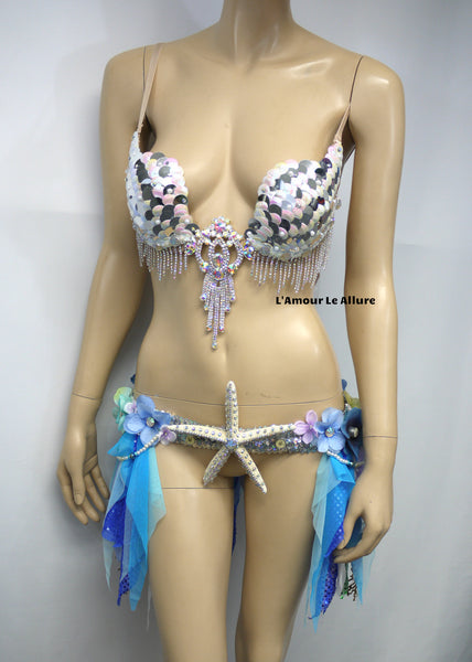 Iridescent White Sequin Scale Mermaid Plunge with Garter Belt Skirt