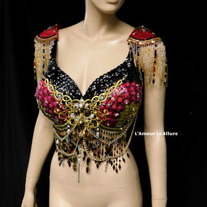 Royal Gold Black and Red Sequin Scale Mermaid Top Dance Costume Halloween